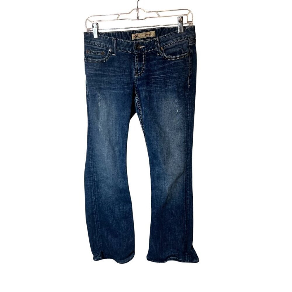 Bke Star Womens Distressed Denim Jeans Medium Wash Low Rise Bootcut Size 27